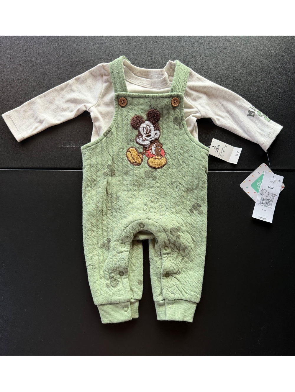 Disney Baby Mickey Mouse Boys 0-3M Overall Set Green Long Sleeve Shirt NWT
